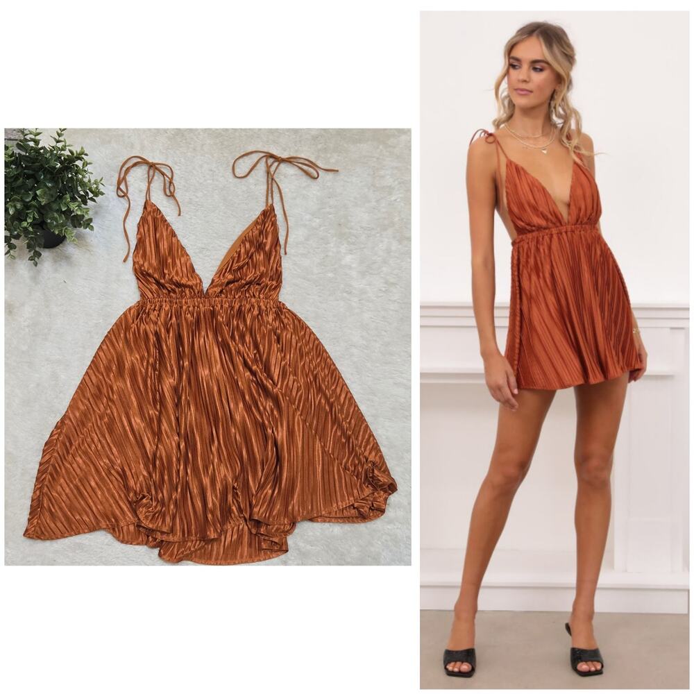 Lucy in the Sky Rust Orange Pleated Mini Dress